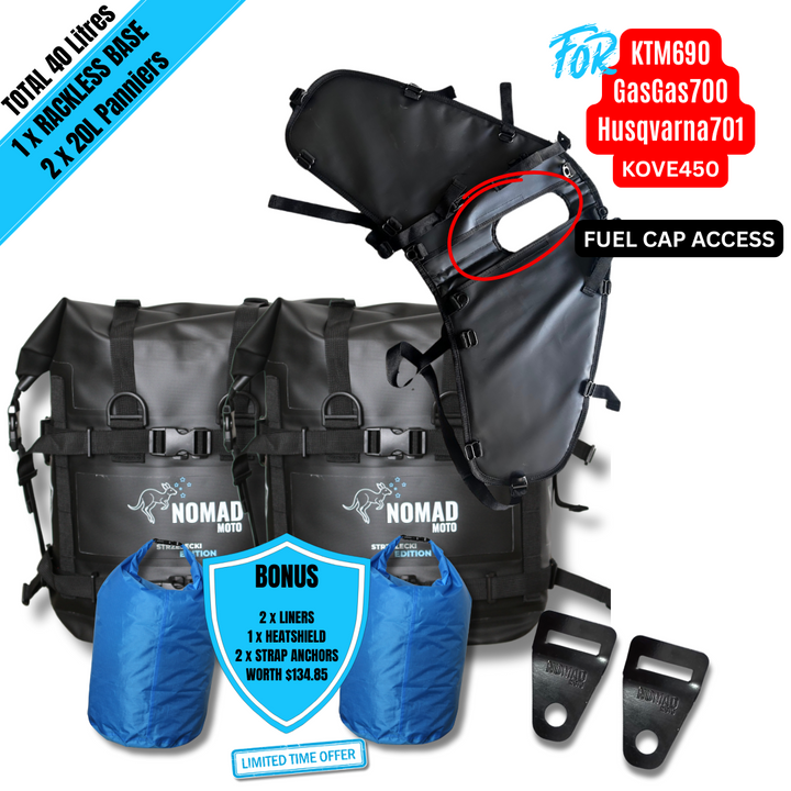 Rackless 40L panniers with fuel cap access