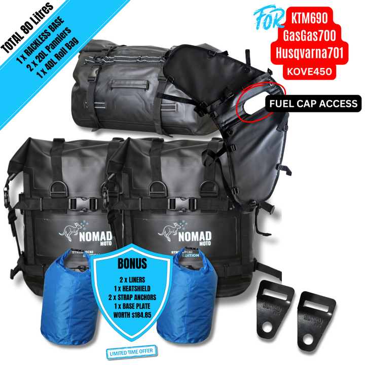 NOMAD MOTO rackless 80L luggage system with 2 panniers