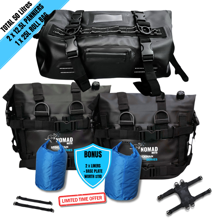 50L waterproof panniers with bonus roll bag
