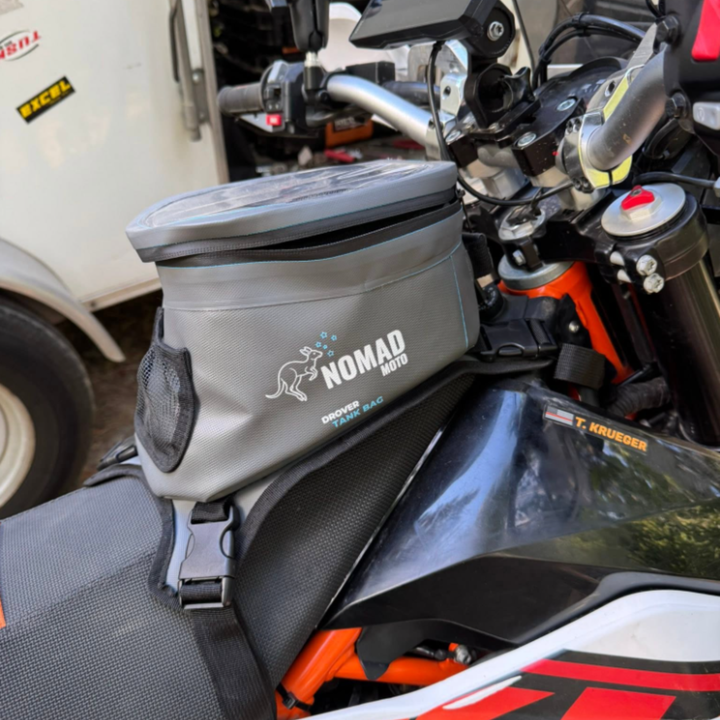 Motorcycle with a Nomad bag attached to the side