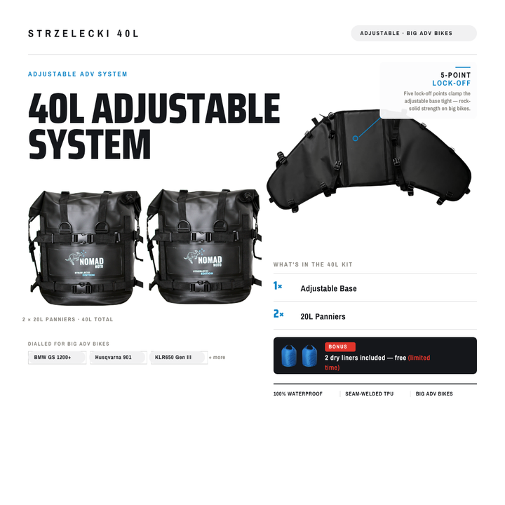 Strzelecki Adjustable Rackless System 40L - NOMAD MOTO