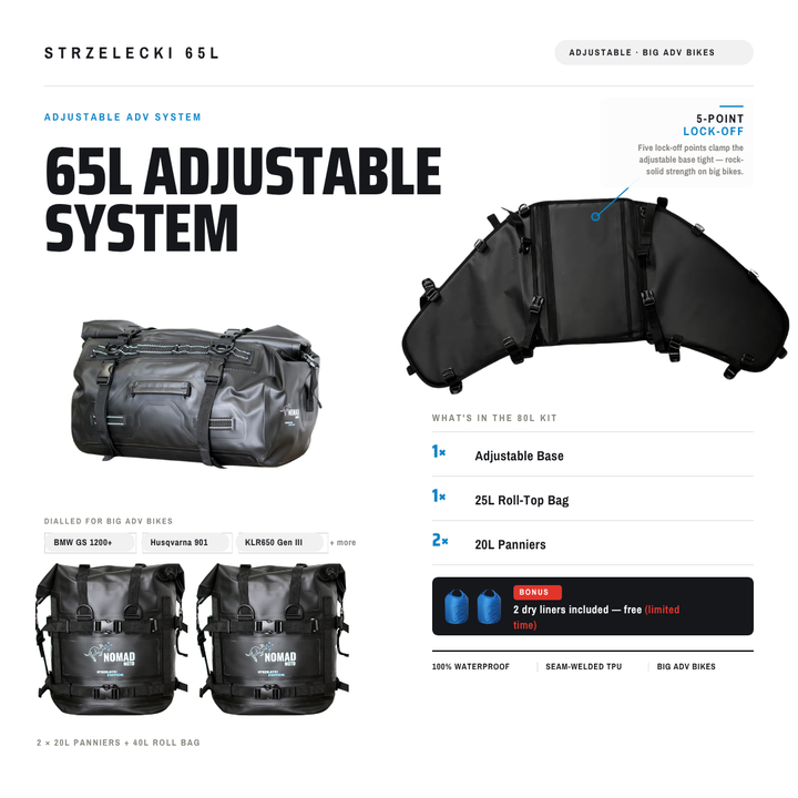 Strzelecki Adjustable Rackless System 65L - NOMAD MOTO