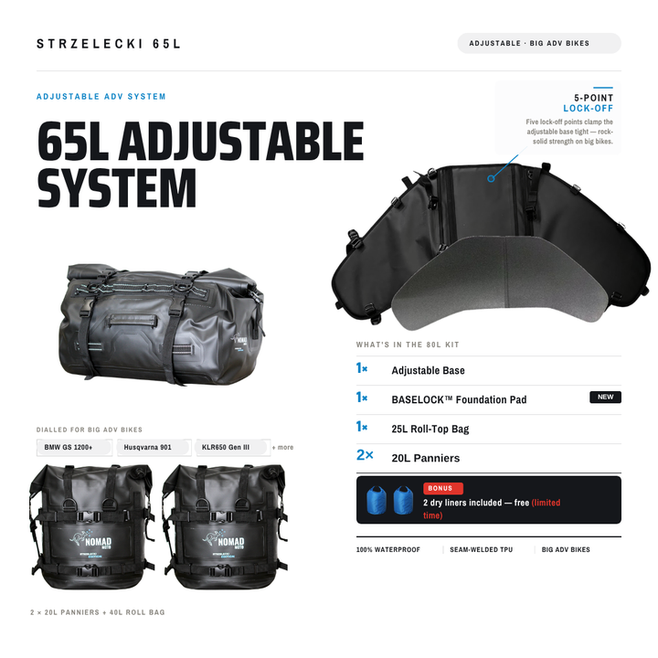 Strzelecki Adjustable Rackless System 65L - NOMAD MOTO